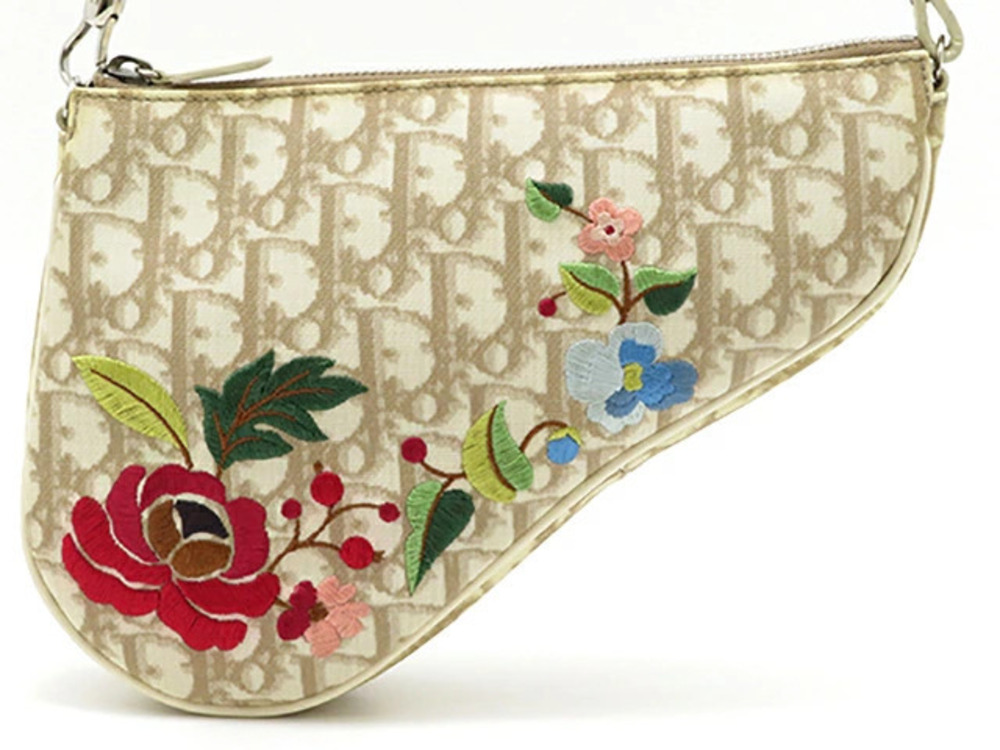 Christian Dior bag Trotter shoulder saddle flower Beige Cream canvas calfskin